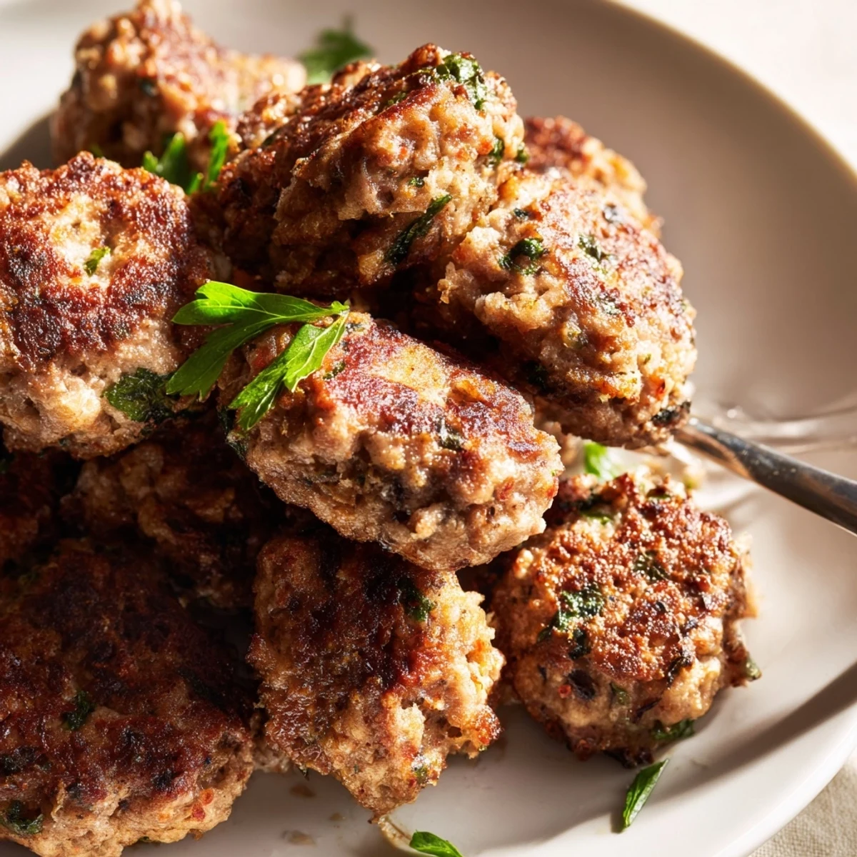 Saftige Frikadellen, goldbraun gebraten mit frischem Brot und Kräutern.