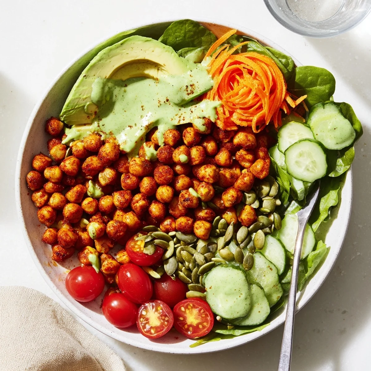 Kichererbsen- und Avocado-Power-Bowl mit gerösteten Kichererbsen und frischem Gemüse.